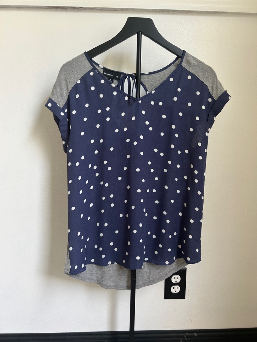 Polka Dot Contrast Sleeve V-Neck Blouse - Navy/Gray